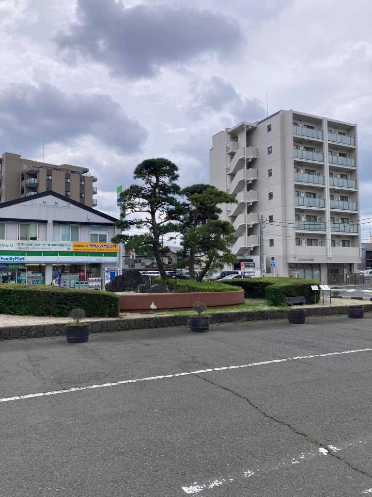 pine trees at train station exit in Omiya Japan